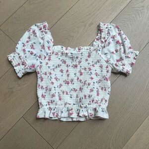 Aqua White and Pink Floral Smocked Blouse